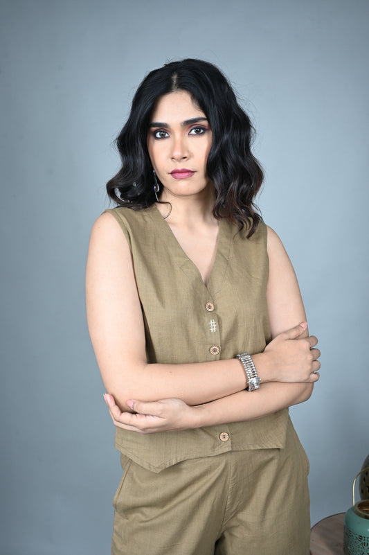 Mud Brown Handwoven Waistcoat Top with Pants Co-ord Set (set of 2)