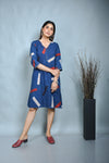 Indigo Ajrakh A Line Zipper Dress With Kantha Hand Embroidery On Neck And Sleeves