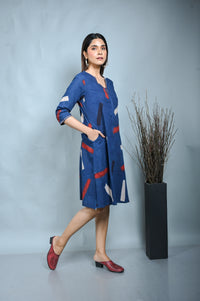 Indigo Ajrakh A Line Zipper Dress With Kantha Hand Embroidery On Neck And Sleeves