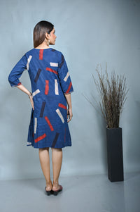 Indigo Ajrakh A Line Zipper Dress With Kantha Hand Embroidery On Neck And Sleeves