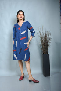 Indigo Ajrakh A Line Zipper Dress With Kantha Hand Embroidery On Neck And Sleeves