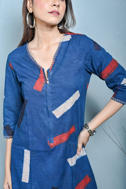 Indigo Ajrakh A Line Zipper Dress With Kantha Hand Embroidery On Neck And Sleeves