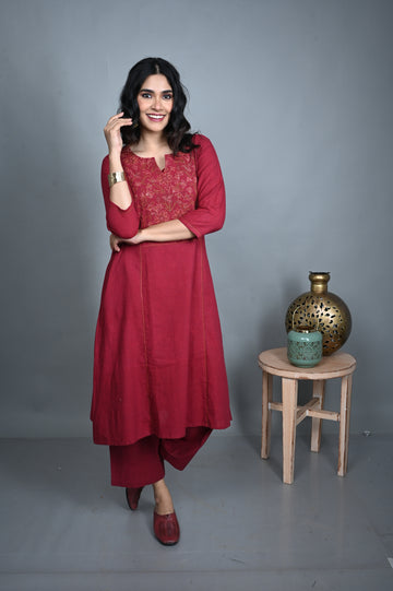 Red Handwoven Kurta with Hand Embroidery & Red Flared Pants Co-ord Set (set of 2)