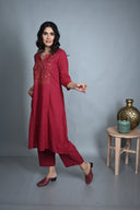Red Hand Embroidered Handloom Cotton Three Panel Kurta Set (set of 2)