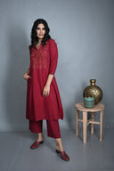 Red Hand Embroidered Handloom Cotton Three Panel Kurta Set (set of 2)
