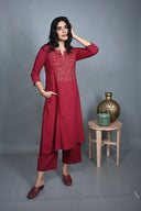 Red Hand Embroidered Handloom Cotton Three Panel Kurta Set (set of 2)
