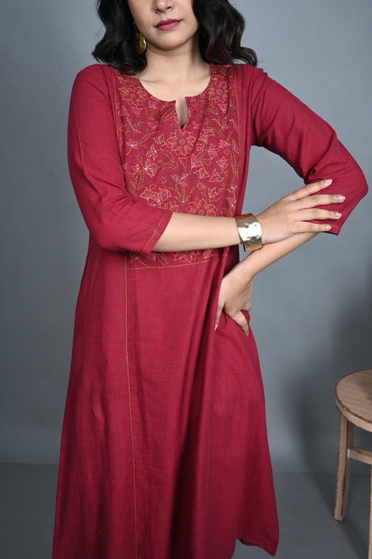Red Handwoven Kurta with Hand Embroidery & Red Flared Pants Co-ord Set (set of 2)