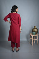 Red Hand Embroidered Handloom Cotton Three Panel Kurta Set (set of 2)