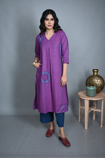 Purple Handwoven Kurta with Hand Embroidery & Purple Flare Pants Co-ord Set (set of 2)