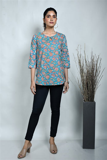 Turq Block Printed Top With Keyhole Neck