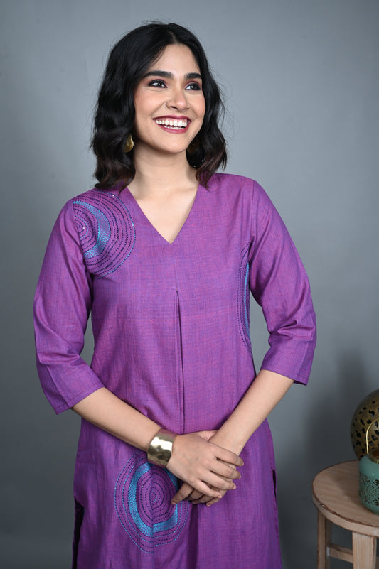 Purple Handwoven Kurta with Hand Embroidery & Purple Flare Pants Co-ord Set (set of 2)