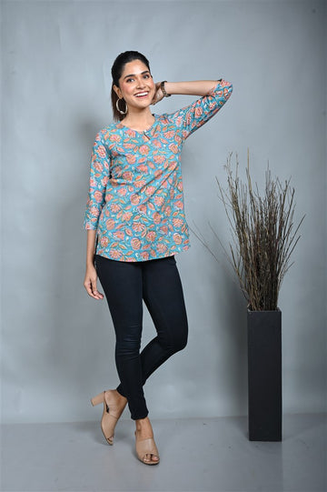 Turquoise Block Printed Top With Keyhole Neck