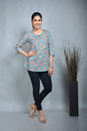 Turquoise Block Printed Top with Keyhole Neck
