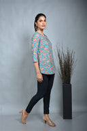 Turquoise Block Printed Top with Keyhole Neck