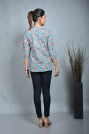 Turquoise Block Printed Top with Keyhole Neck