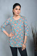 Turquoise Block Printed Top with Keyhole Neck