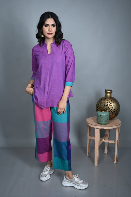 Purple Handwoven Front-Pleat Top with Pink-Purple Check Pants Co-ord Set (set of 2)