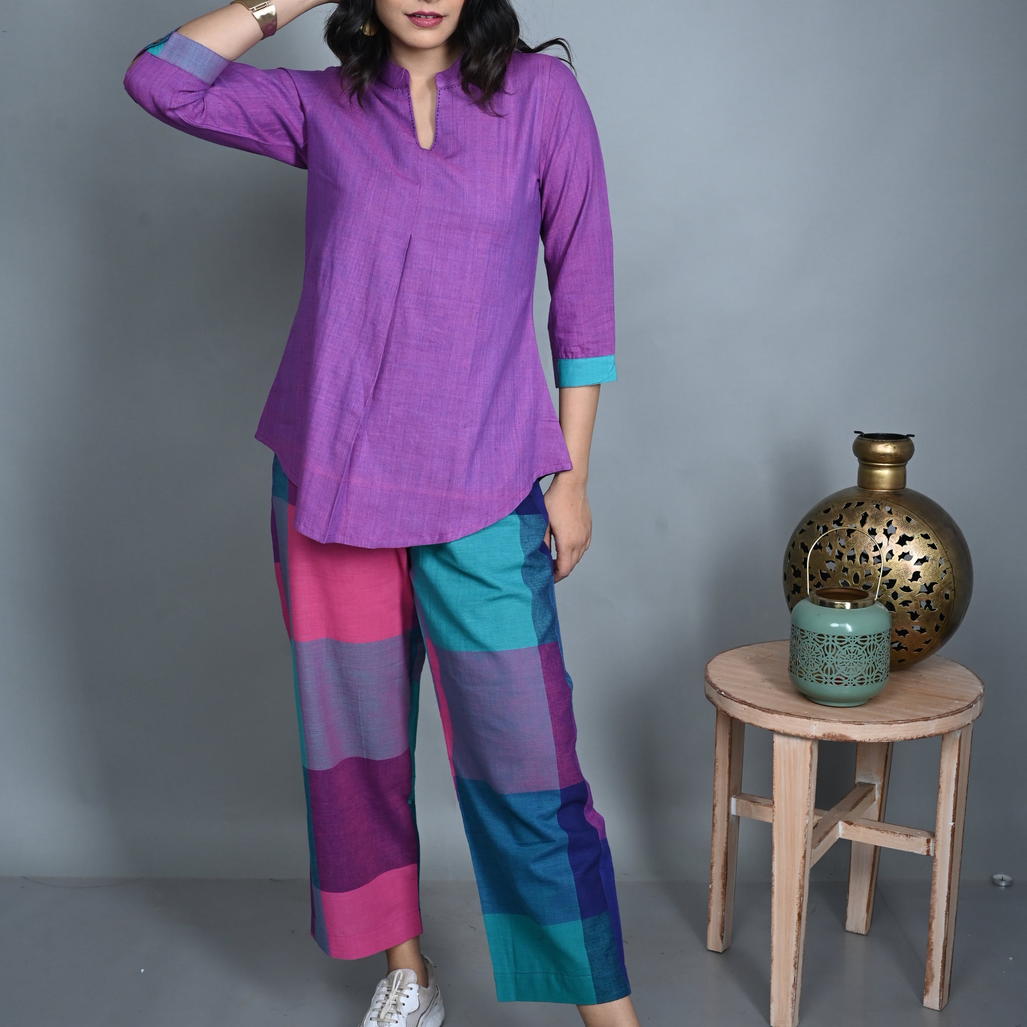 Purple Handwoven Front-Pleat Top with Pink-Purple Check Pants Co-ord Set (set of 2)