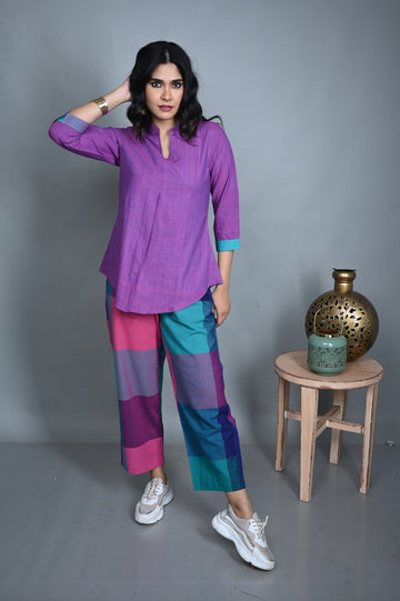 Purple Handwoven Front-Pleat Top with Pink-Purple Check Pants Co-ord Set (set of 2)