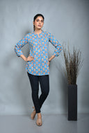 Turquoise Block Printed Pleated Top