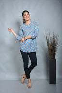 Turquoise Block Printed Pleated Top