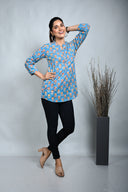 Turquoise Block Printed Pleated Top