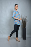 Turquoise Block Printed Pleated Top