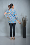 Turquoise Block Printed Pleated Top