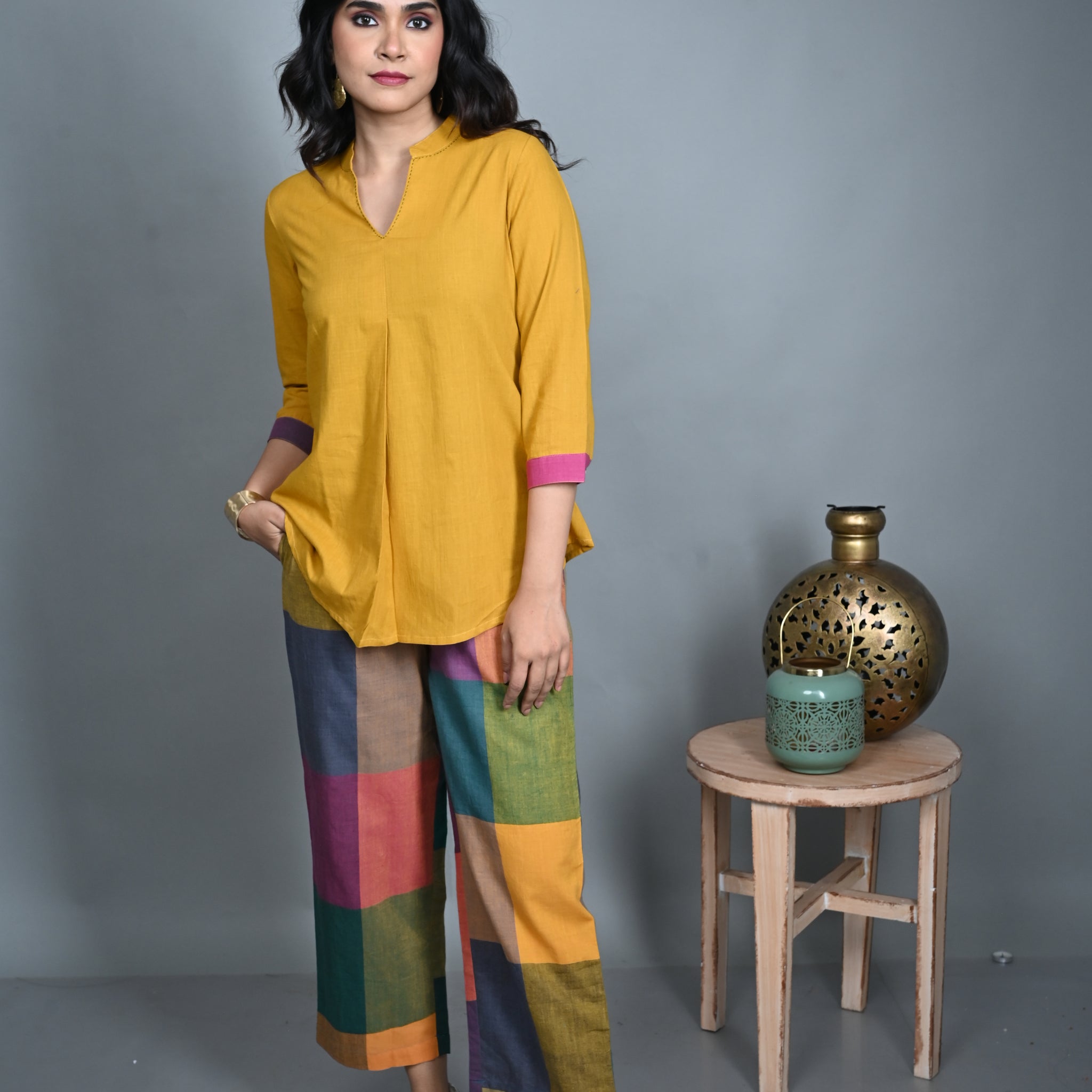 Yellow Front-Pleat Handwoven Top with Mustard Multi-Coloured Pants Co-ord Set (set of 2)