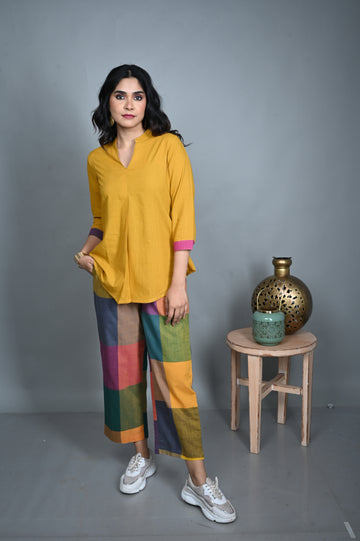 Yellow Front-Pleat Handwoven Top with Mustard Multi-Coloured Pants Co-ord Set (set of 2)