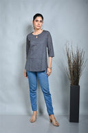 Indigo Printed Top with Keyhole Neck