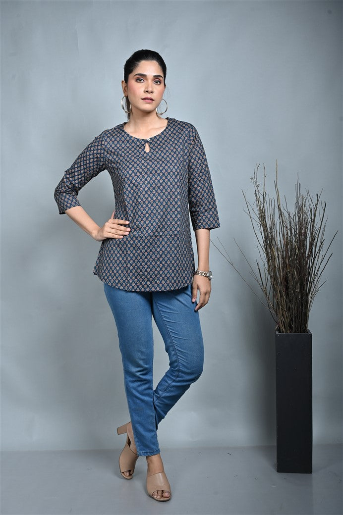 Indigo Printed Top With Keyhole Neck