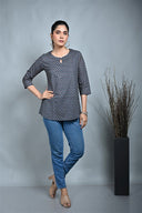 Indigo Printed Top with Keyhole Neck