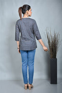 Indigo Printed Top with Keyhole Neck