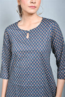 Indigo Printed Top with Keyhole Neck