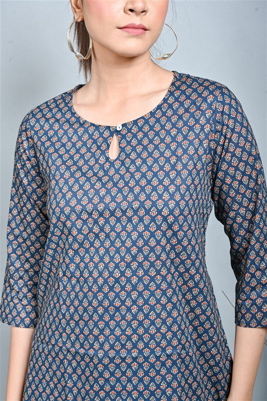 Indigo Printed Top With Keyhole Neck