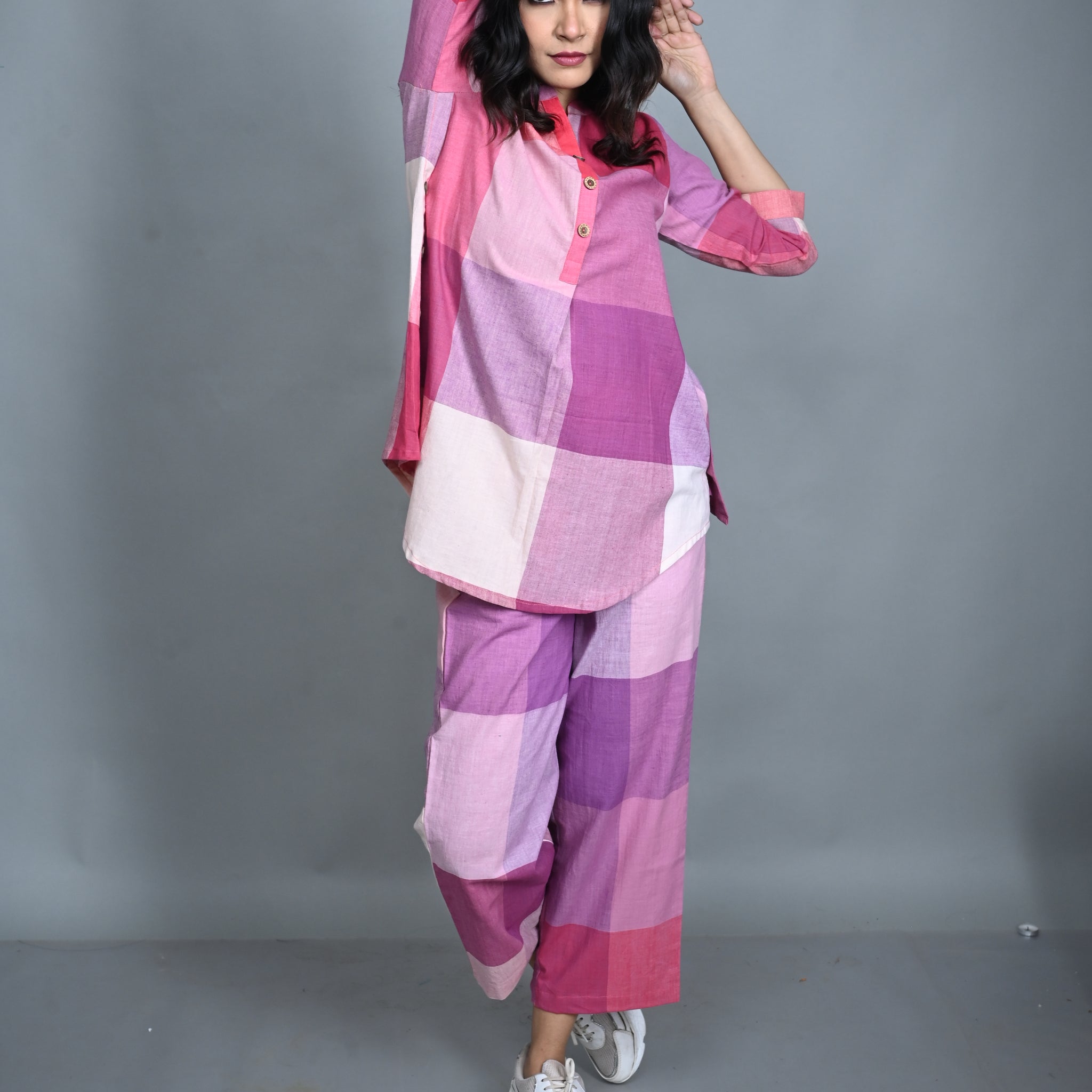Pink-White Checks Handwoven Top with Buttons Detailing & Pants Co-ord Set (set of 2)