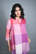 Pink-White Checks Handloom Cotton Antifit Co-ord Set with Button Detailing (set of 2)