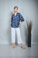 Indigo Hand Embroidered & Hand Block Printed Antifit Top