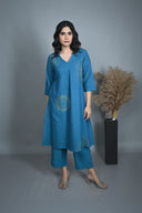 Teal Hand Embroidered Handloom Cotton Kurta Set (set of 2)