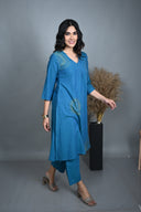 Teal Hand Embroidered Handloom Cotton Kurta Set (set of 2)
