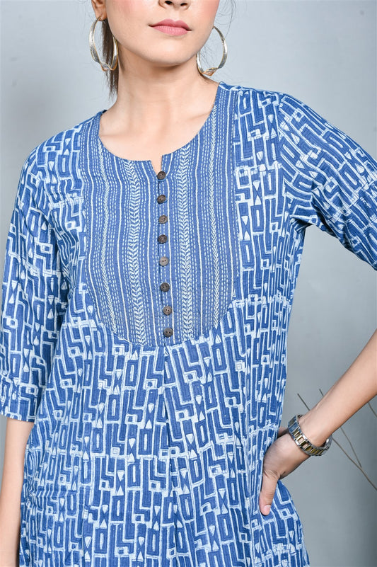 Indigo Block Printed Kurta With Kantha Hand Embroidery On Yoke