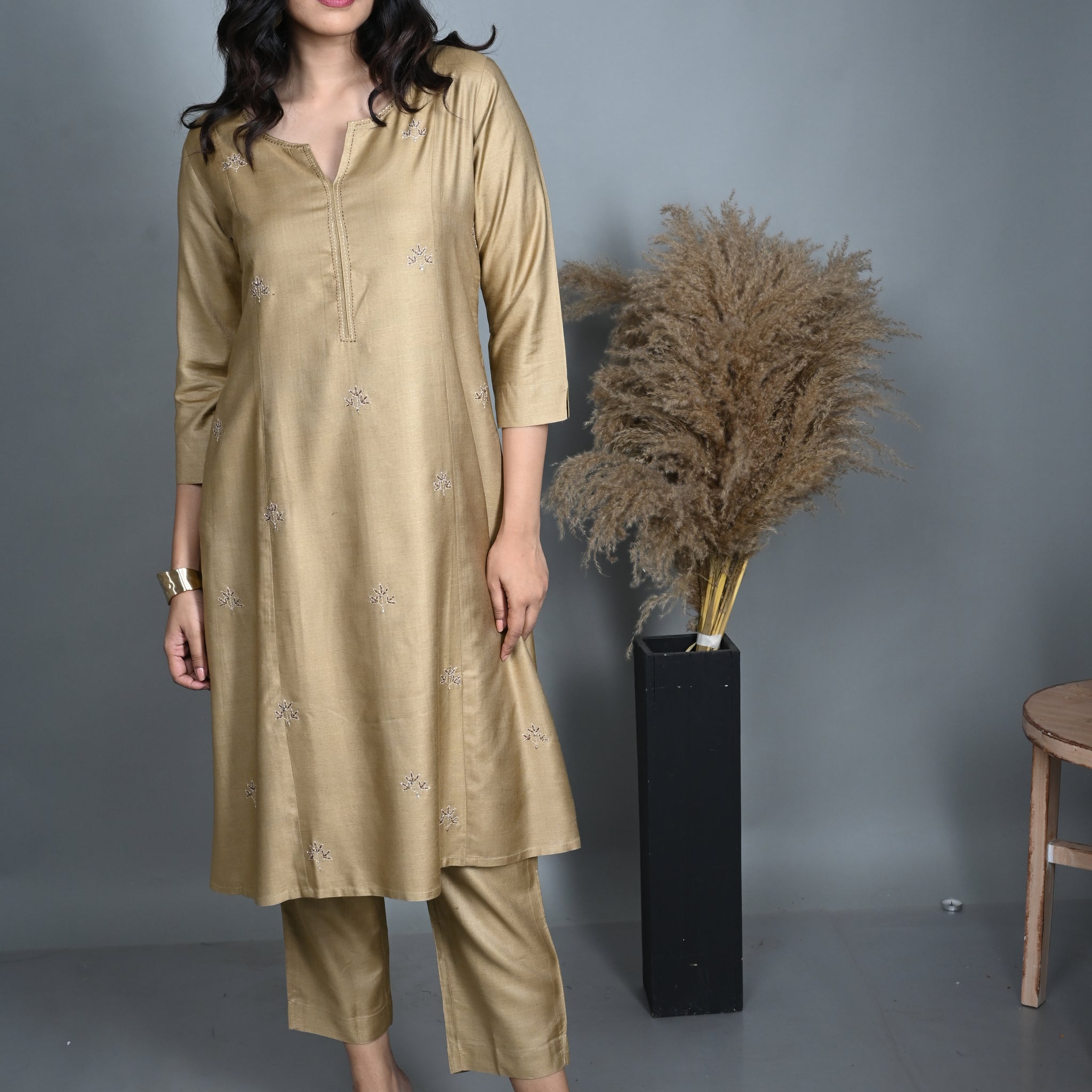 Gold Silk Slub Kurta and Gold Silk Slub Pants Co-ord Set (set of 2)