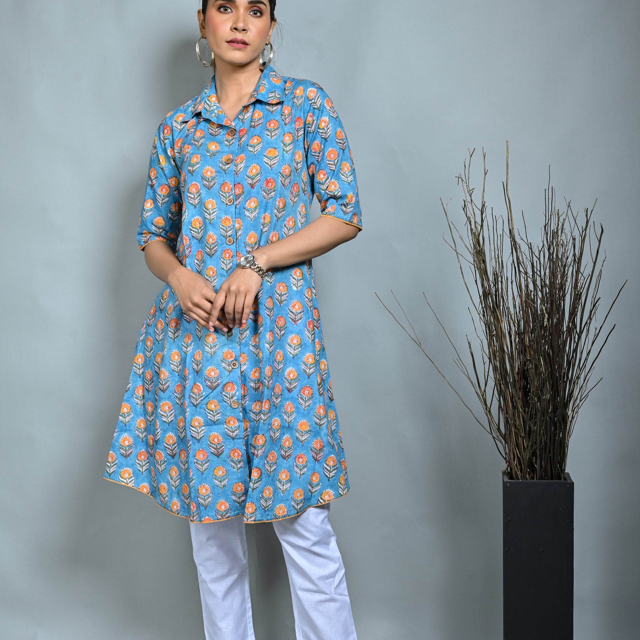 Turq Block Printed Front Open Dress