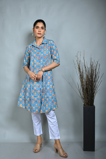 Turq Block Printed Front Open Dress