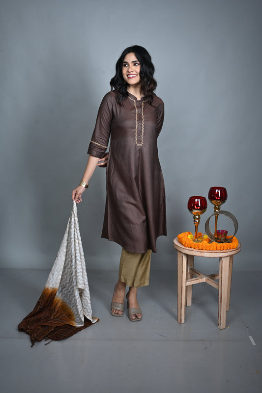 White and Brown tassar stole with hand embroidery detailing