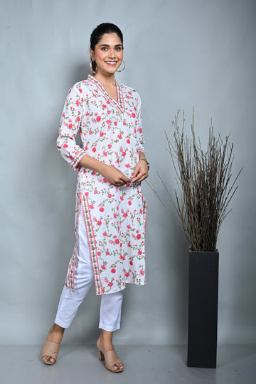 White Floral Printed Cotton Straight Cut Kurta