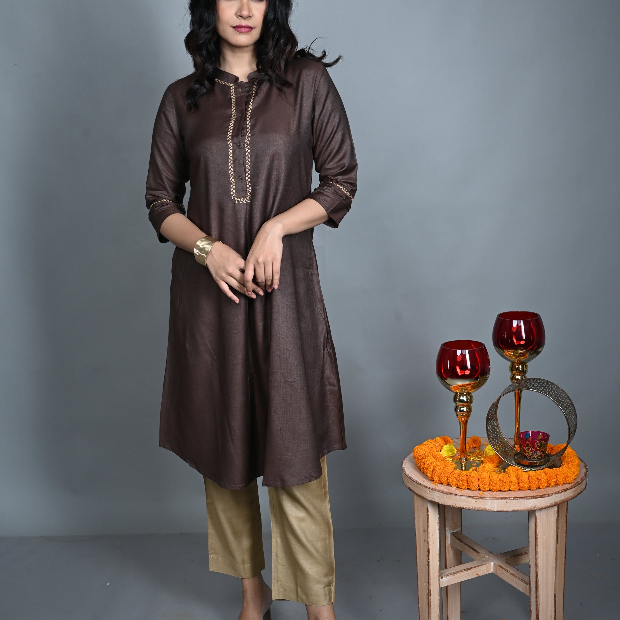 Chocolate Silk Slub A-Line Kurta with Hand Embroidery and Gold Silk Slub Pants Co-ord Set (set of 2)