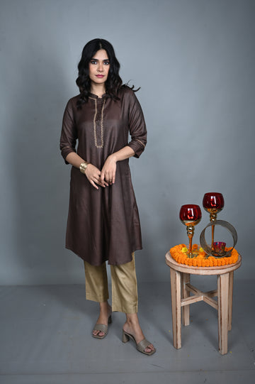 Chocolate Silk Slub A-Line Kurta with Hand Embroidery and Gold Silk Slub Pants Co-ord Set (set of 2)