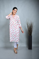 White Floral Printed Cotton Straight Cut Kurta